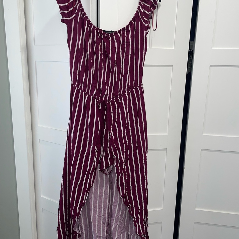 Ambiance Maroon and White Striped romper. Shorts built in
